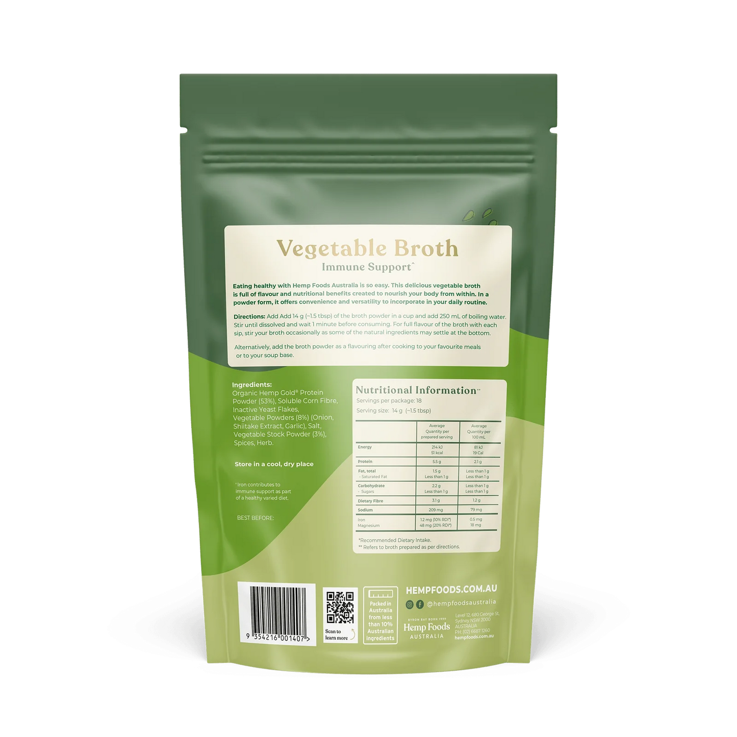 Hemp Foods Australia - Immune Support Vegetable Broth - 252g - 18 serves